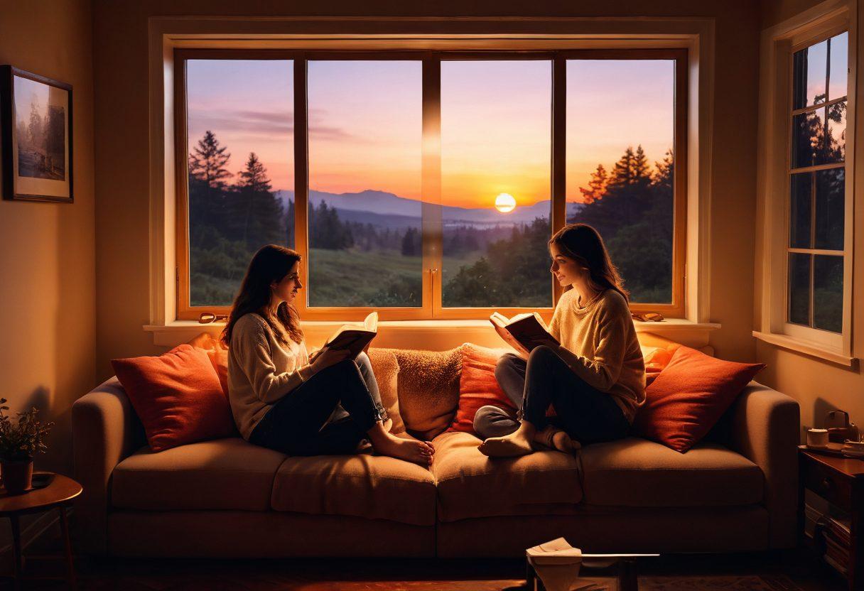 A serene scene depicting two people sitting together on a cozy couch, sharing a heartfelt conversation with soft lighting illuminating the room. Surround them with symbols of love like open books, heart-shaped decorations, and warm tea to suggest comfort and intimacy. The background features a glowing sunset through a window, symbolizing hope and connection. The overall ambiance should feel warm and inviting, capturing the essence of deep emotional bonds. super-realistic. warm tones. cozy atmosphere.