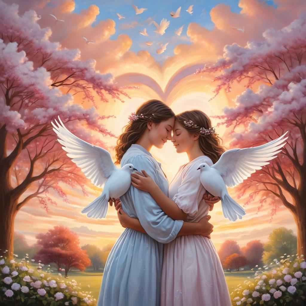 A warm scene depicting two friends embracing, surrounded by heart-shaped clouds and glowing light, symbolizing compassion and affection. In the background, a peaceful park setting with blooming flowers and gentle sunlight filtering through the trees, enhancing the feeling of connection. Include subtle elements like doves and intertwined hands to emphasize unity and care. painting. soft pastels. ethereal glow.