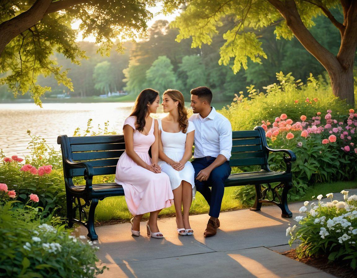 A serene couple sitting on a park bench, sharing a heartfelt conversation, surrounded by lush greenery and blooming flowers, symbolizing growth in love. Soft, warm lighting to evoke a sense of intimacy and connection. In the background, subtle hints of a sunset reflecting on a calm lake. super-realistic. vibrant colors. cheerful ambiance.